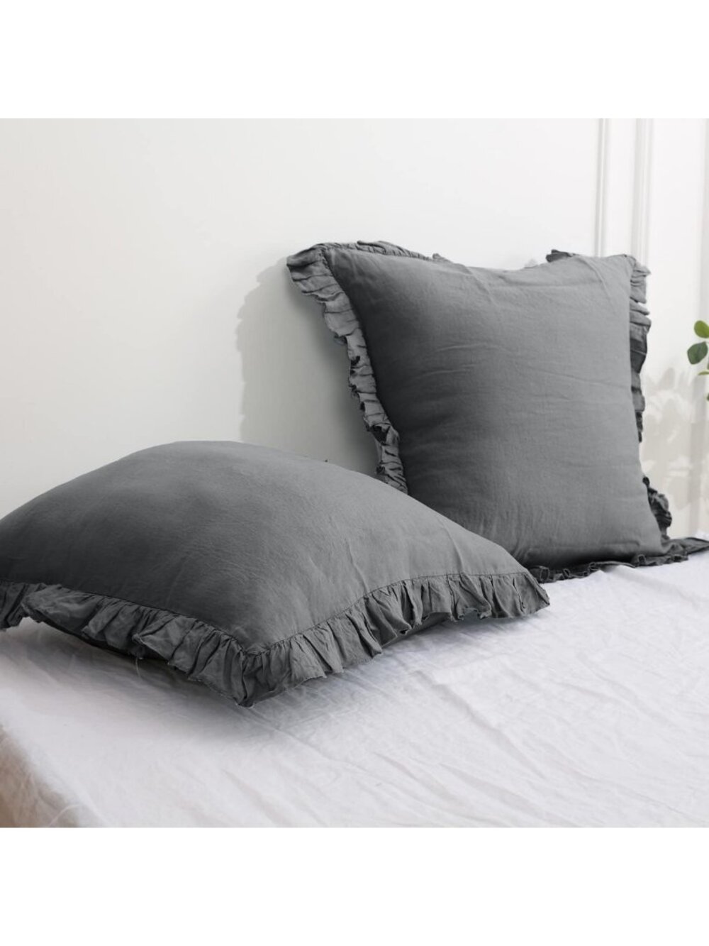 Linen Euro Sham Covers Set of 2, Ruffle 26x26 Inch Pillow Shams for Luxury Home